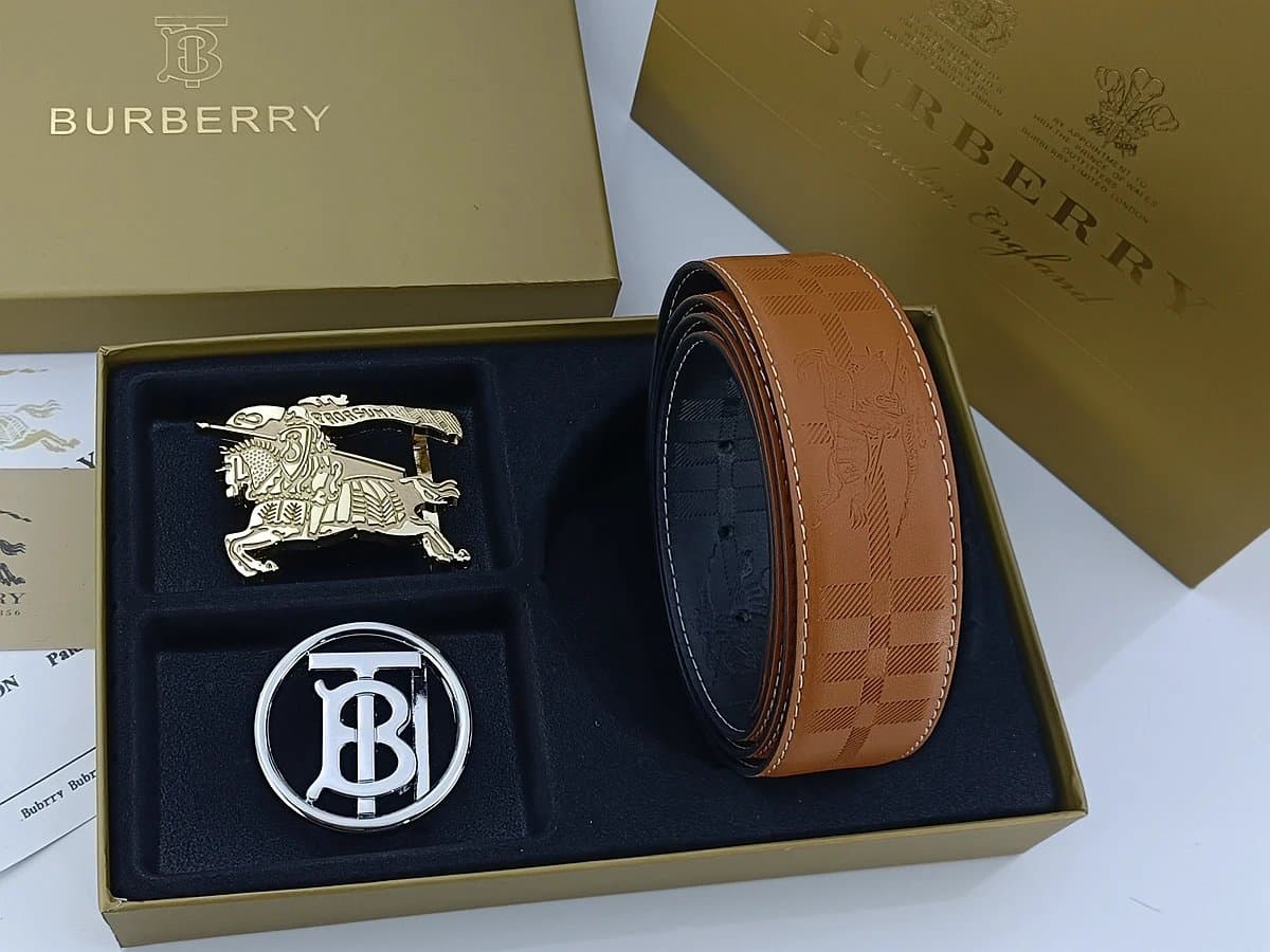 Burberry Equestrian Knight Belt Checkered Leather with Interchangeable Buckles