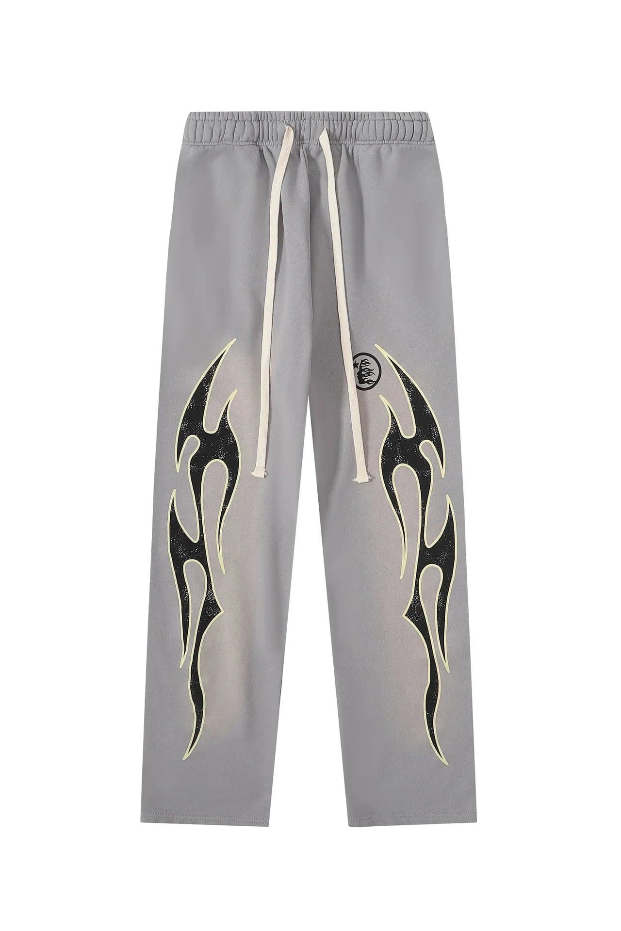 Hellstar Hoodie and Jogger Set Flame Print Graphic — 2317灰色洗水卫裤