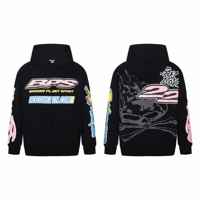 Broken Planet Zip-Up Hoodie Flame Skull Graphic