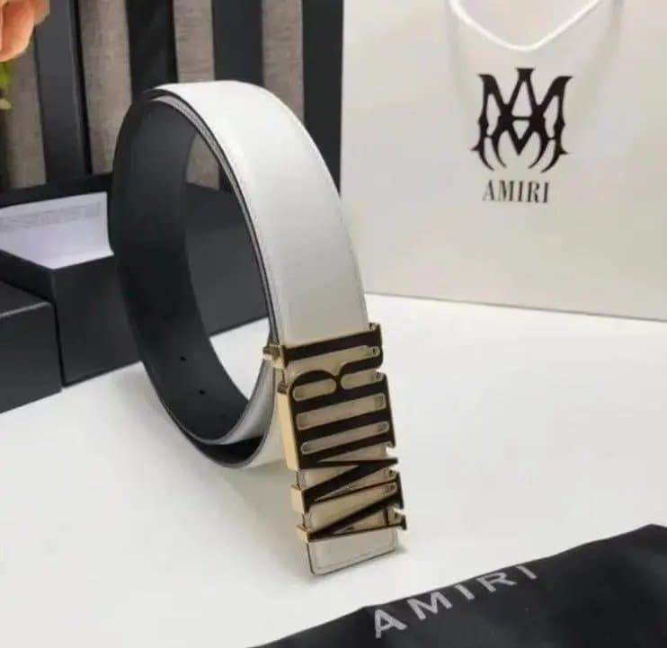 Logo Buckle Belt White Leather with Gold AMIRI Buckle