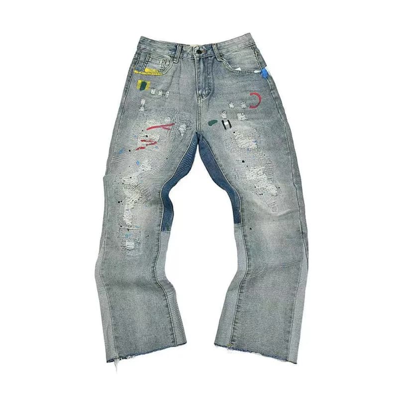 Distressed Denim Trousers Paint-Splatter Patchwork