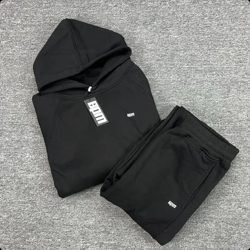 Hoodie and Joggers Set Heather Grey with Black Zip and Pocket Trim — Black suit