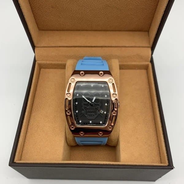 Philipp Plein Skull Watch Rose Gold Case with Blue Rubber Strap