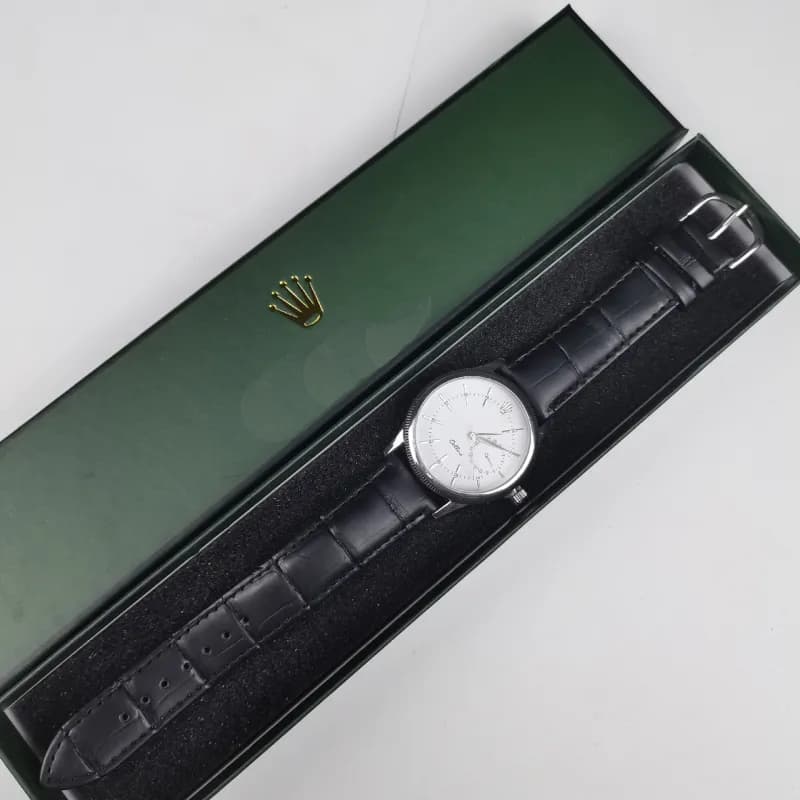 Rolex Oyster Perpetual Silver Dial with Black Leather Strap