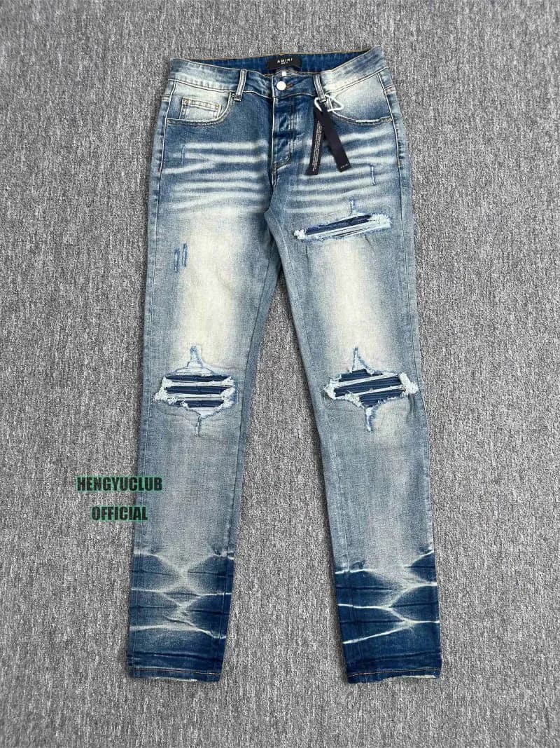 Amiri Distressed Slim Fit Jeans Washed Blue with Stripe Repair