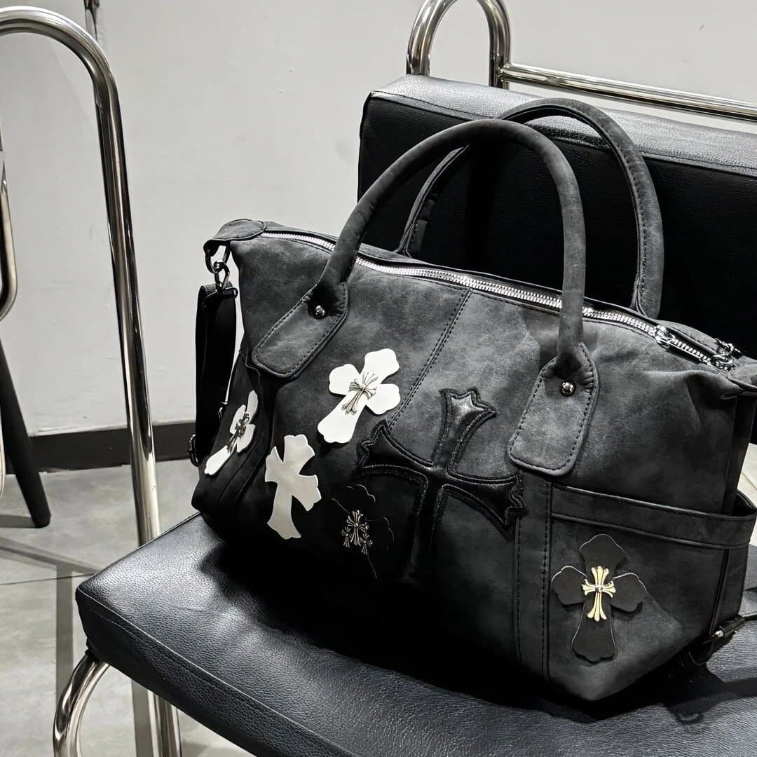 Chrome Hearts Cross-Embellished Satchel Distressed Black with Silver & Gold Crosses