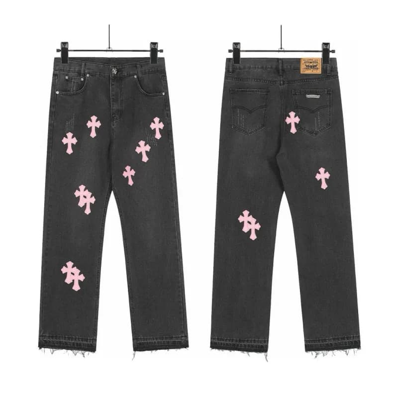 Chrome Hearts Straight Fit Jeans Pink Cross Embroidery