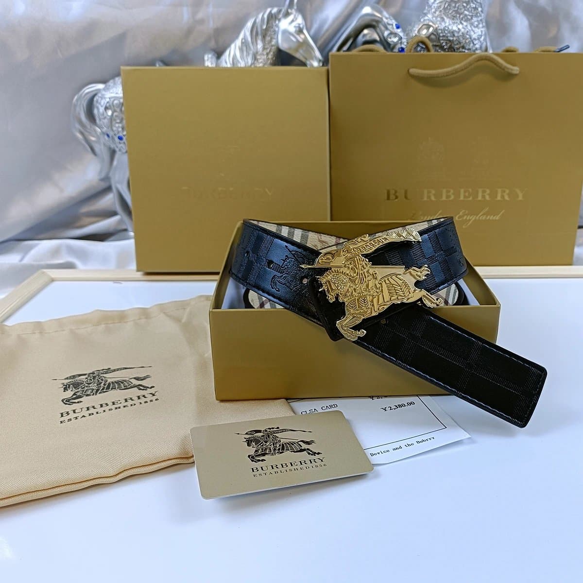 Burberry Equestrian Knight Belt Checkered Leather with Gold Buckle