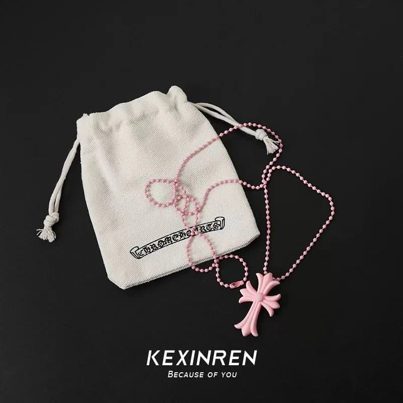 Chrome Hearts Cross Pendant Necklace Pink Beaded Chain