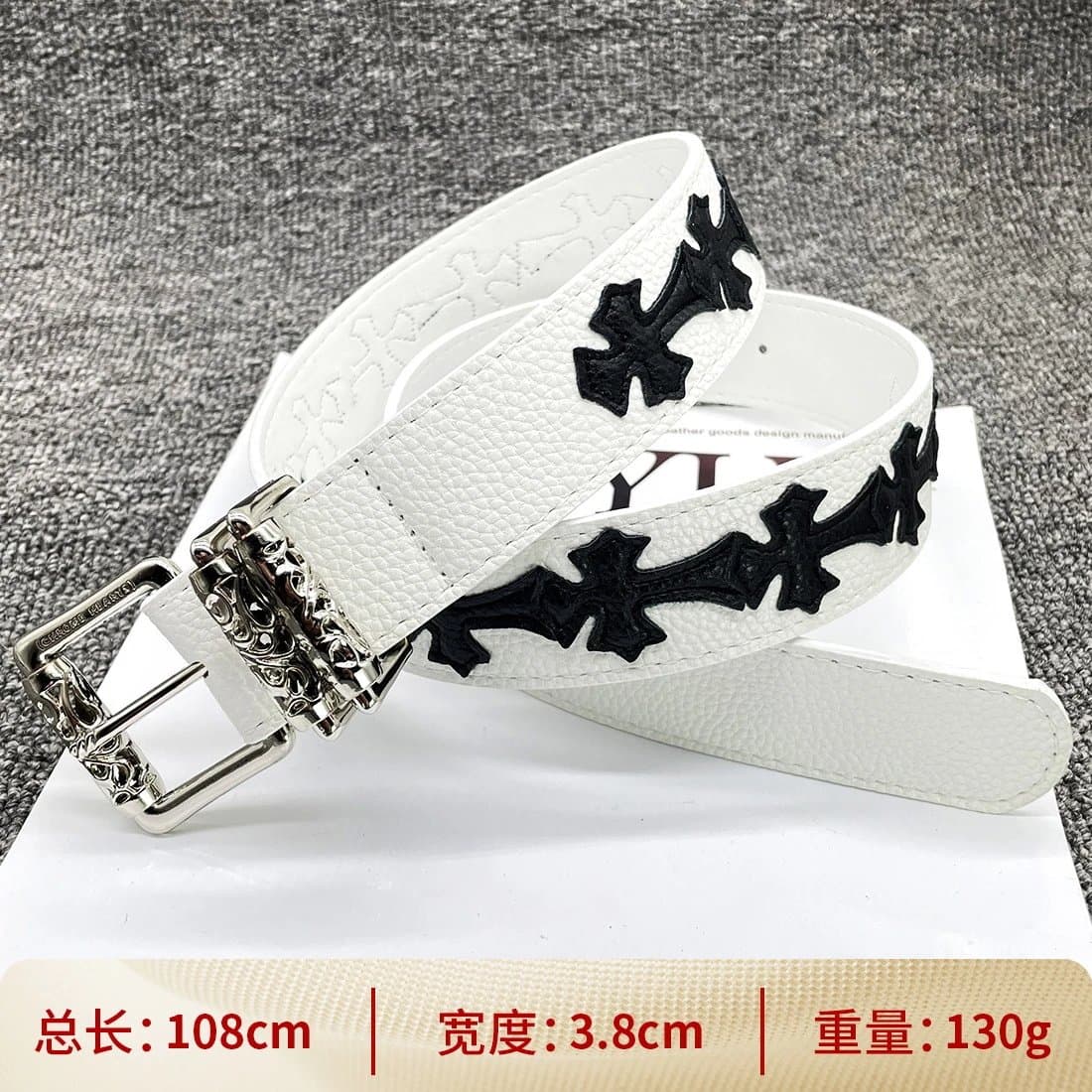 Chrome Hearts Cross Buckle Belt Embossed Leather — 【白底滚轮108cm】黑色十字架腰带