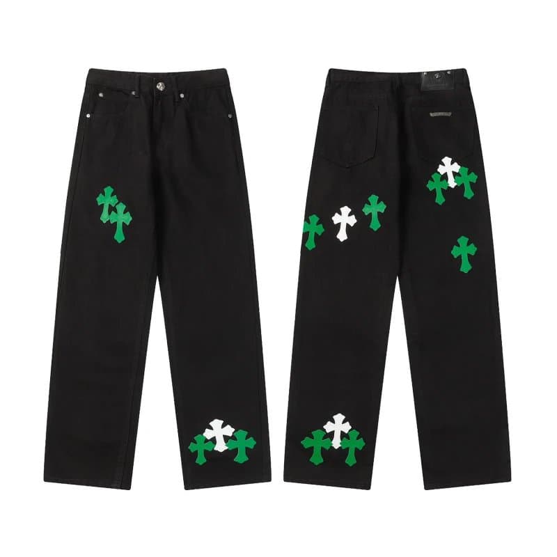 Chrome Hearts Cross Patch Jeans Green and White Cross Embroidery