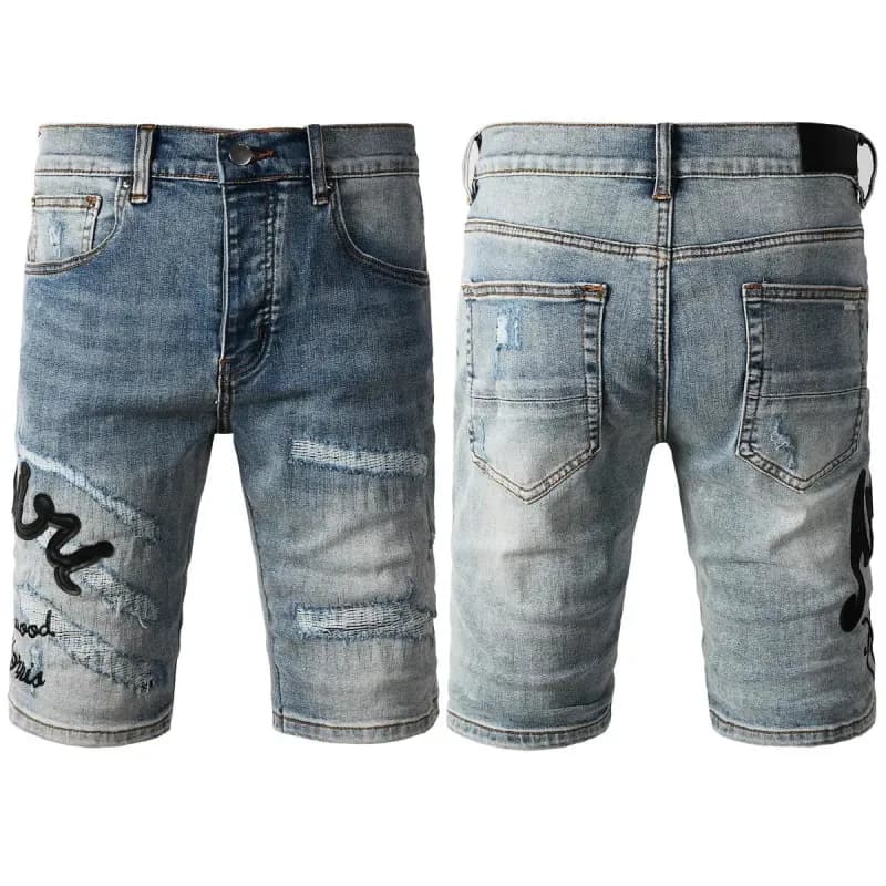 Denim Shorts Distressed Logo Embroidery