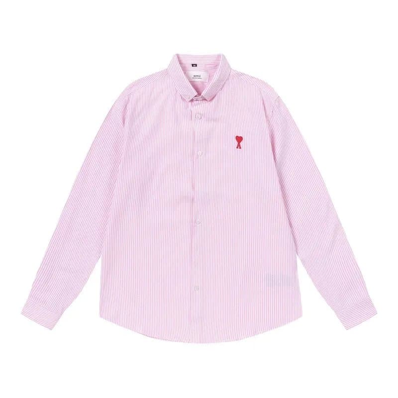 AMI Paris Striped Button-Up Shirt Red Heart Logo