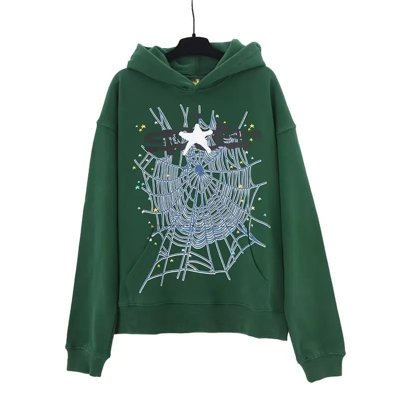 Sp5der Spider Web Hoodie Star Logo Print — 144 green