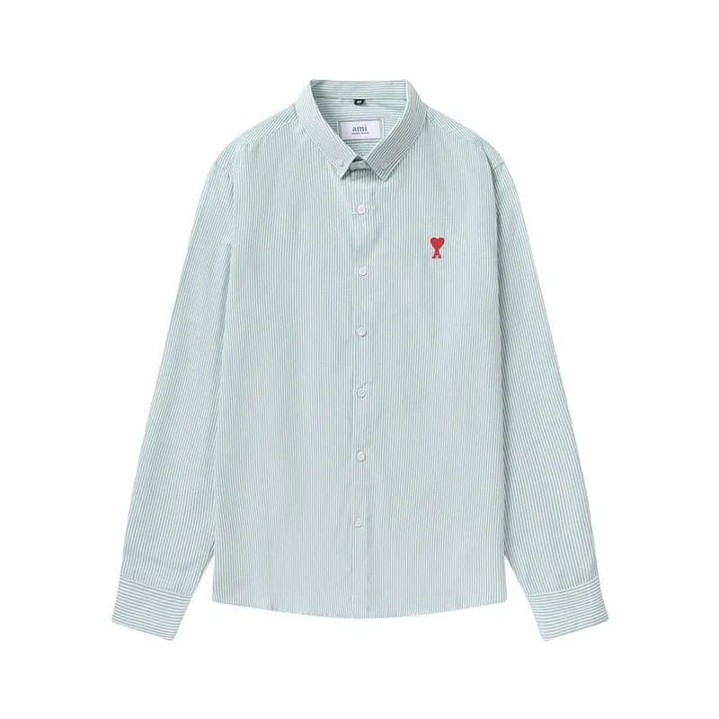 AMI Paris Striped Button-Up Shirt Mint Green and White Stripe