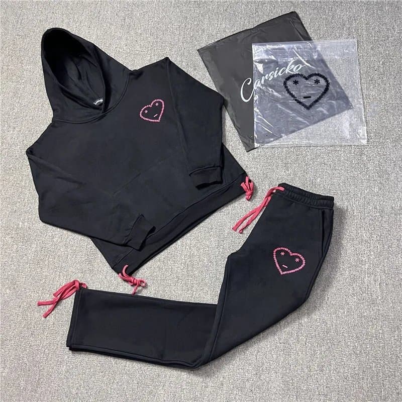 Corteiz Heart Logo Hoodie & Joggers Set Embroidered Sad Heart