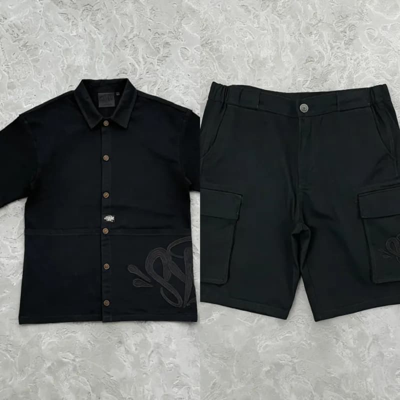Balenciaga Short-Sleeve Shirt & Cargo Shorts Set Black Embroidered Logo