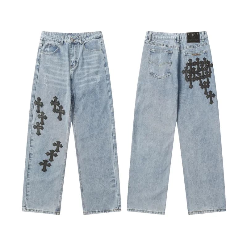 Chrome Hearts Cross Patch Jeans Light Wash with Black Cross Appliqués