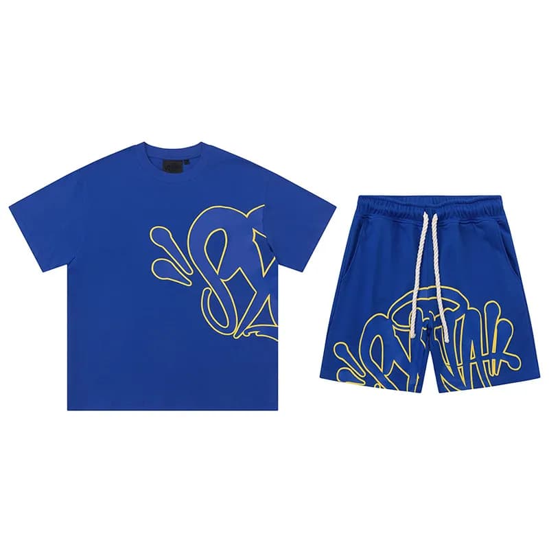 Travis Scott Graphic Tee & Shorts Set Blue with Yellow Outline Logo