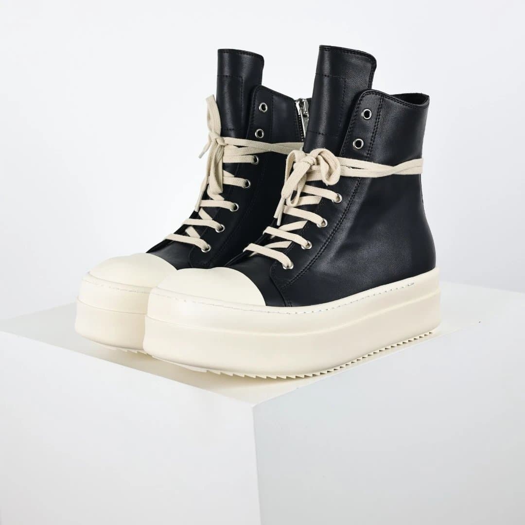 Rick Owens Slashed Low Sneakers Black/Milk — RO西瓜头高帮黑皮厚底