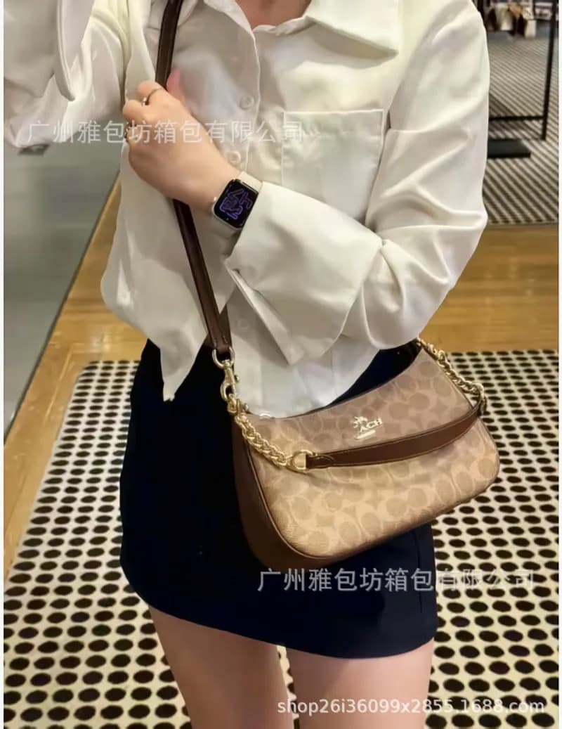 Coach Shoulder Bag Signature Canvas with Leather Trim