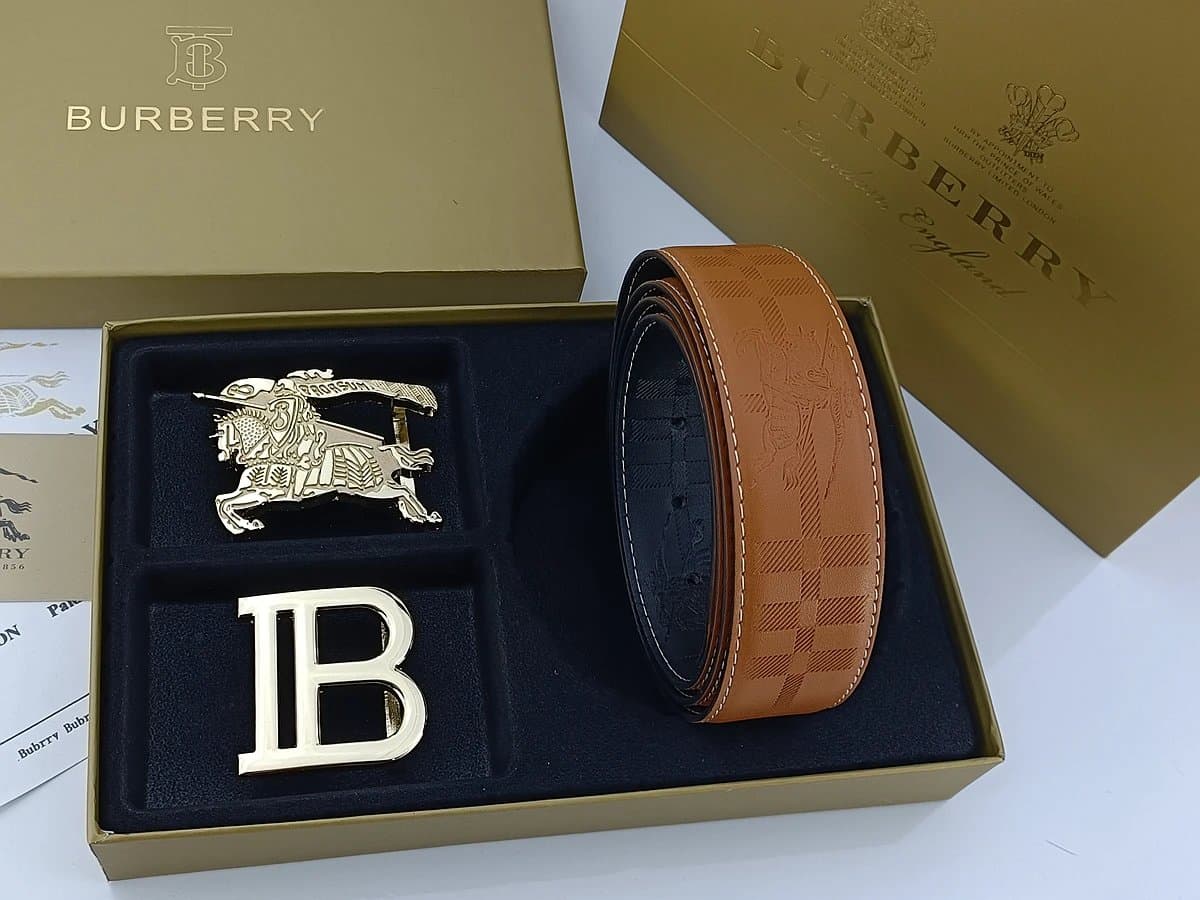 Burberry Equestrian Knight Belt Checkered Leather with Gold Buckle