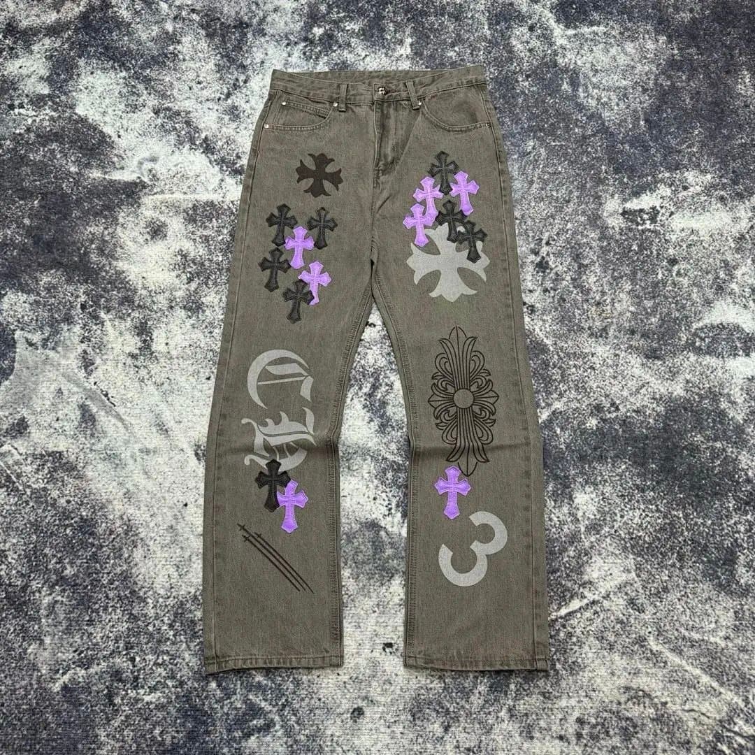 Chrome Hearts Cross Patch Jeans Olive with Purple and Black Crosses