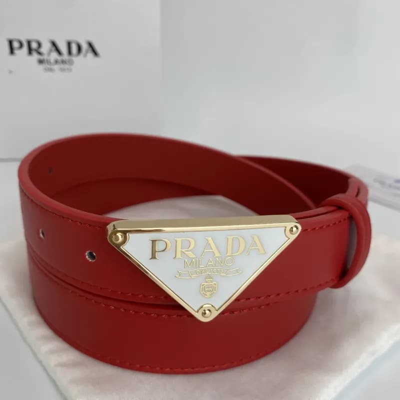 Prada Triangle Logo Belt Classic Triangular Buckle — P-shaped gold buckle with white background and red belt