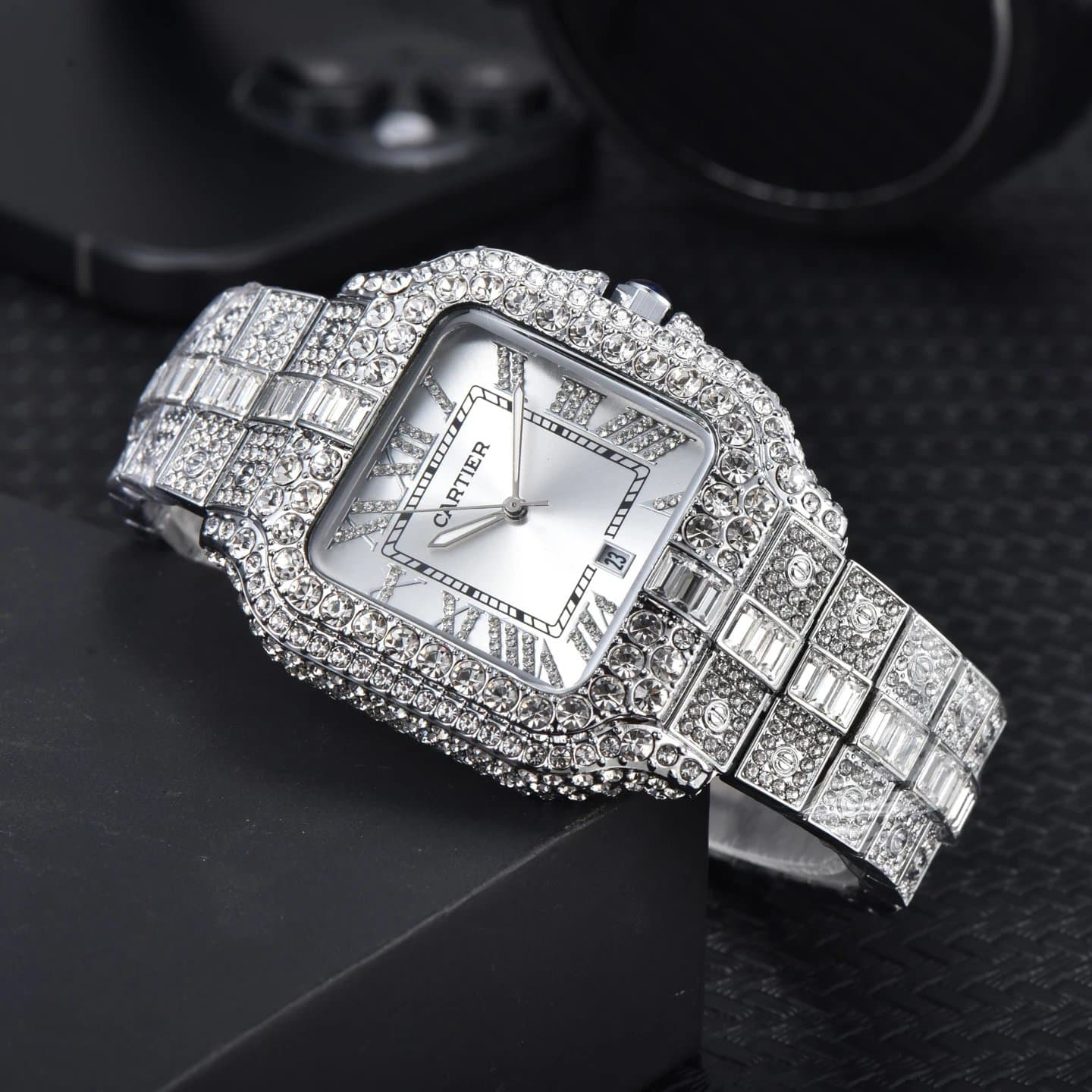Cartier Santos-Dumont Fully Paved with Baguette and Round Crystals