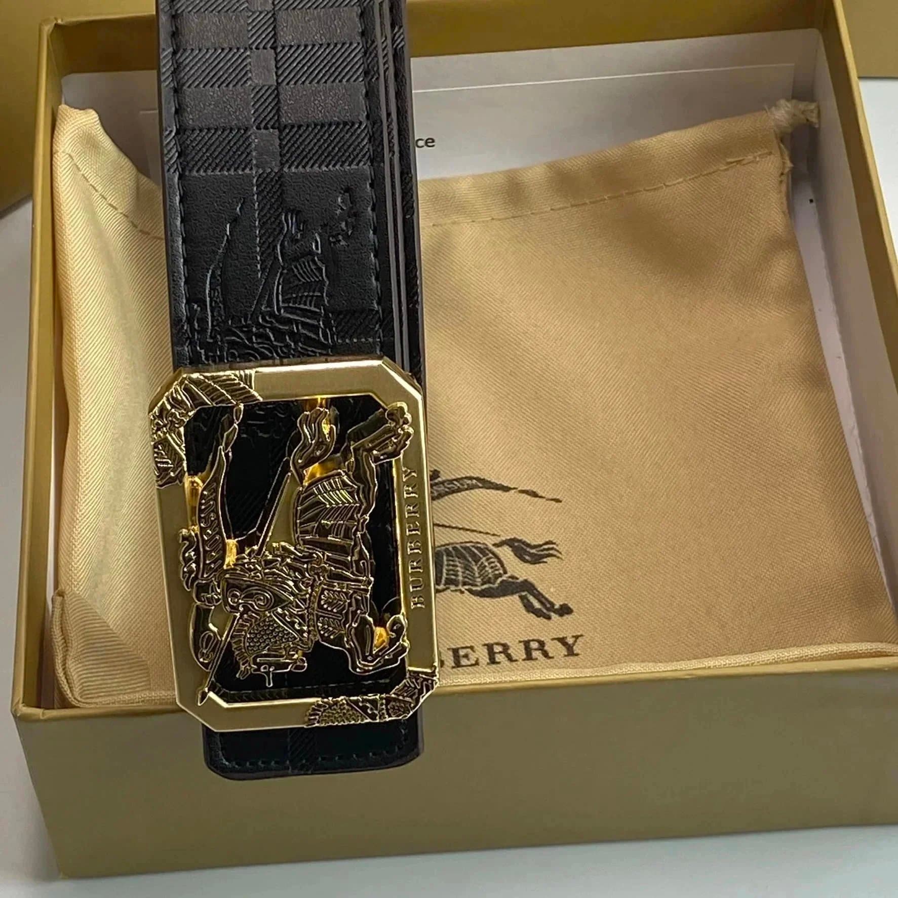 Burberry Equestrian Knight Belt Checkered Leather with Engraved Buckle