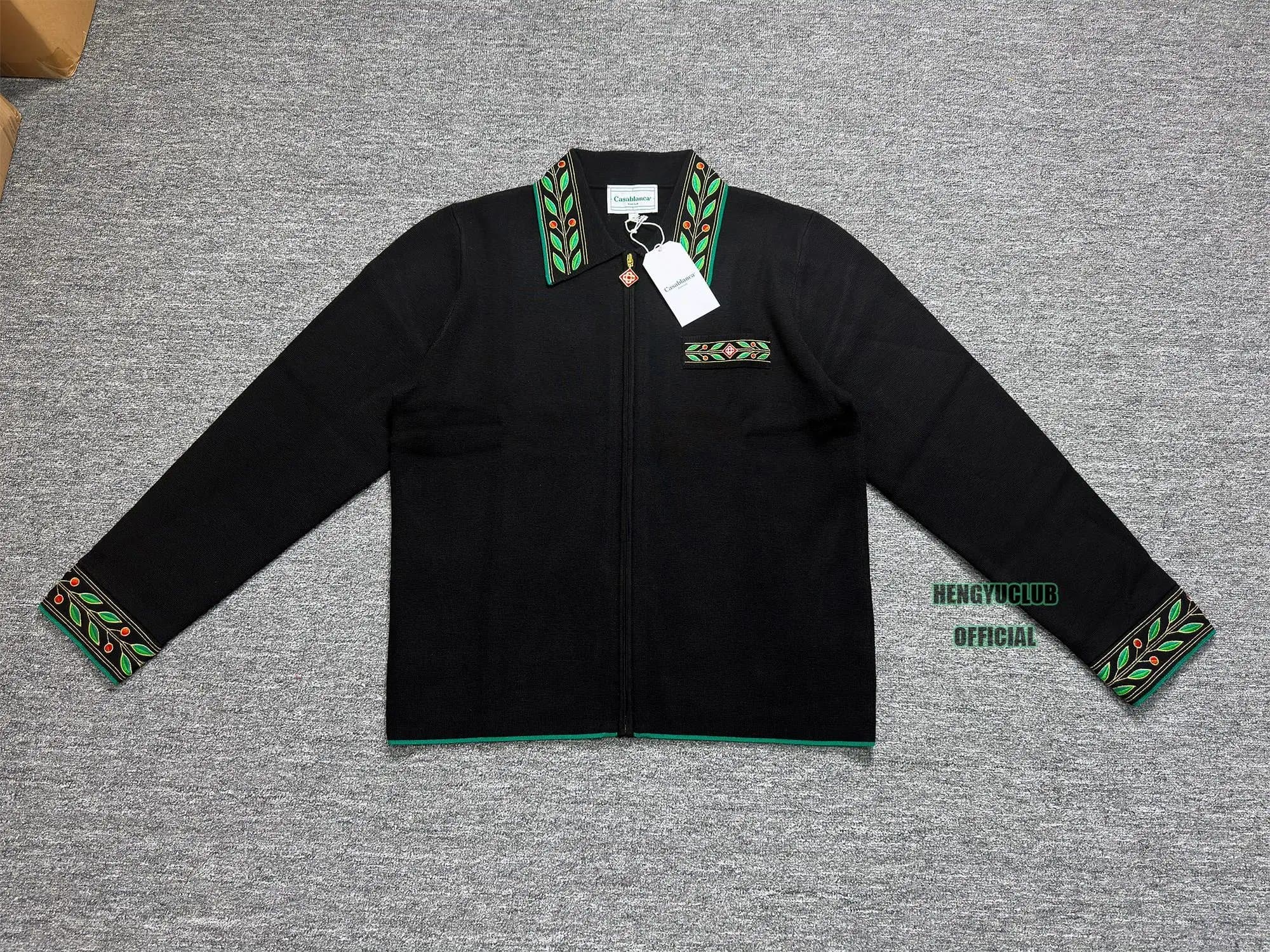 Casablanca Zip-Up Knit Jacket Embroidered Leaf Trim