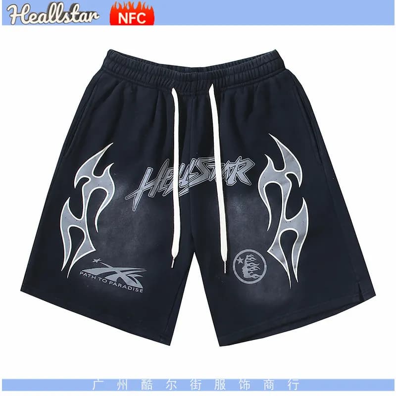 Hellstar Flame Print Shorts Black with Red Flames — 701洗水黑