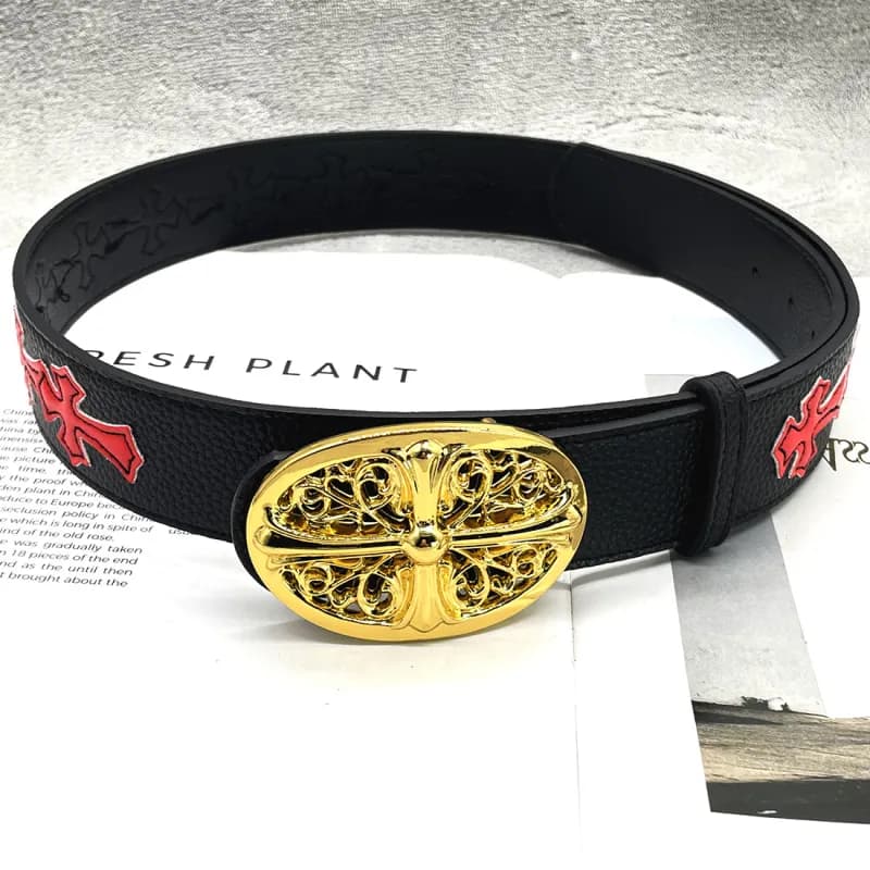 Chrome Hearts Cross Belt Gold Cross Buckle with Red Logo