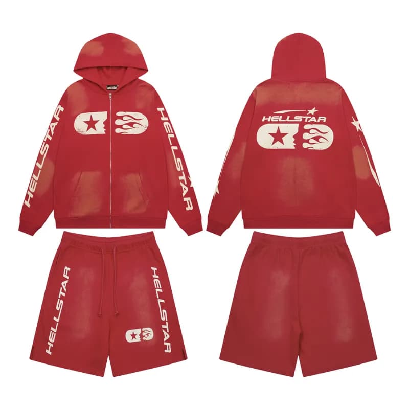 Hellstar Zip-Up Hoodie & Shorts Set Star Flame Wash
