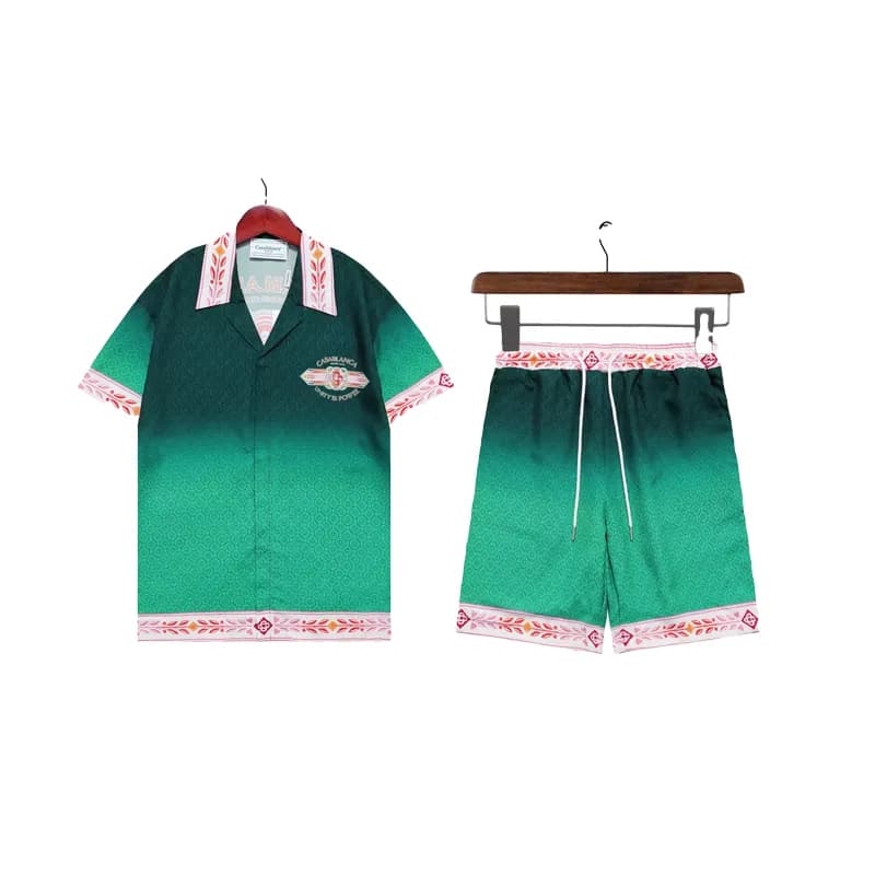 Casablanca Camp Shirt & Shorts Set Gradient Green with Embroidered Trim