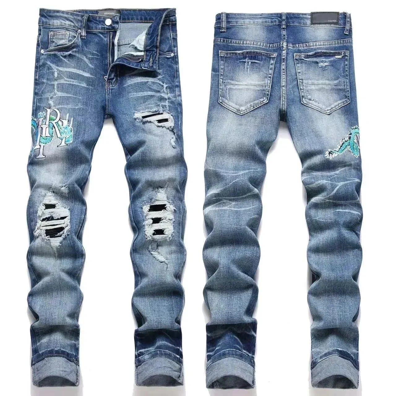 Amiri Distressed Slim Fit Jeans Embroidered Dragon