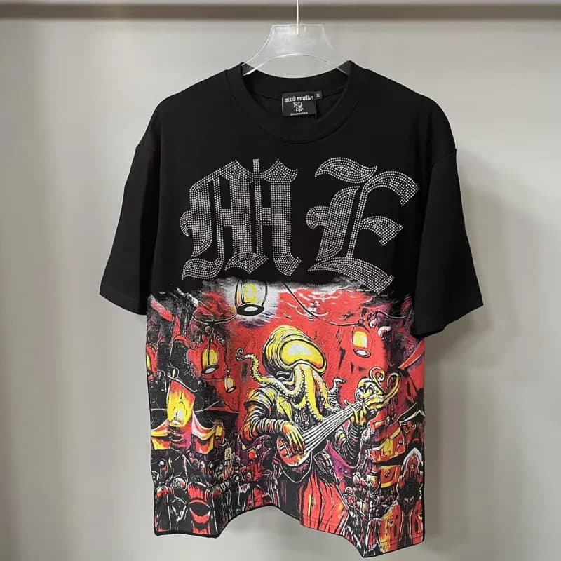 Graphic Tee Octopus Print with Rhinestone Logo