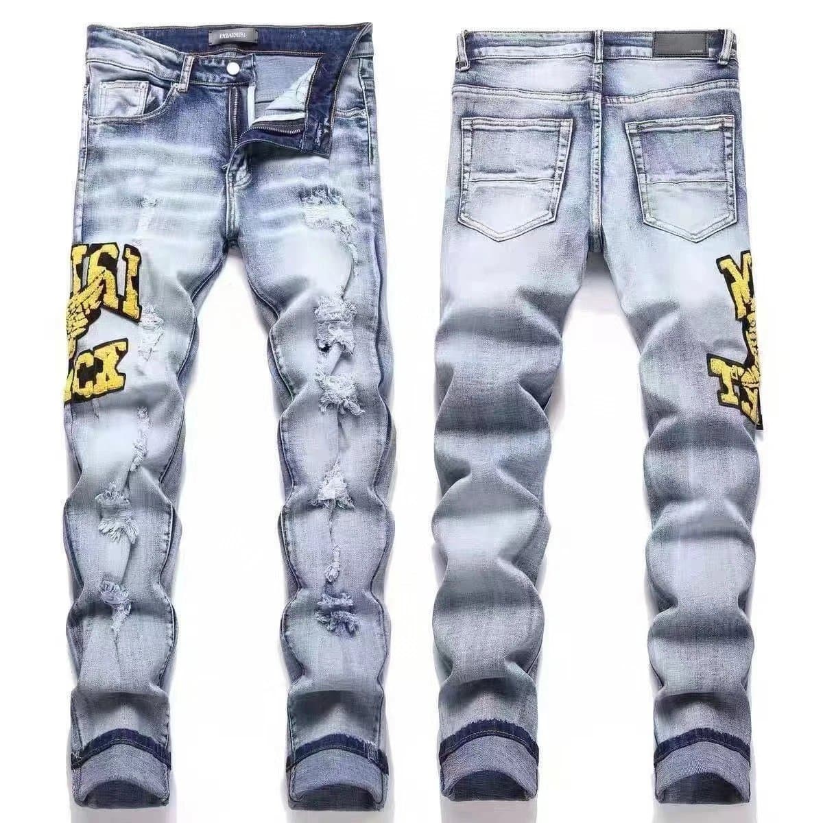 Amiri Distressed Slim Fit Jeans Yellow Logo Patch