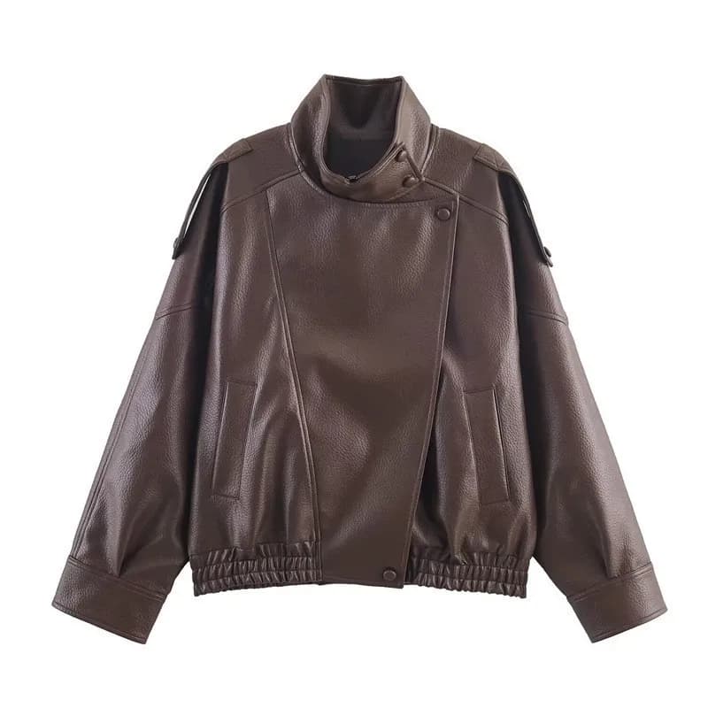 Asymmetrical Leather Jacket Chocolate Brown