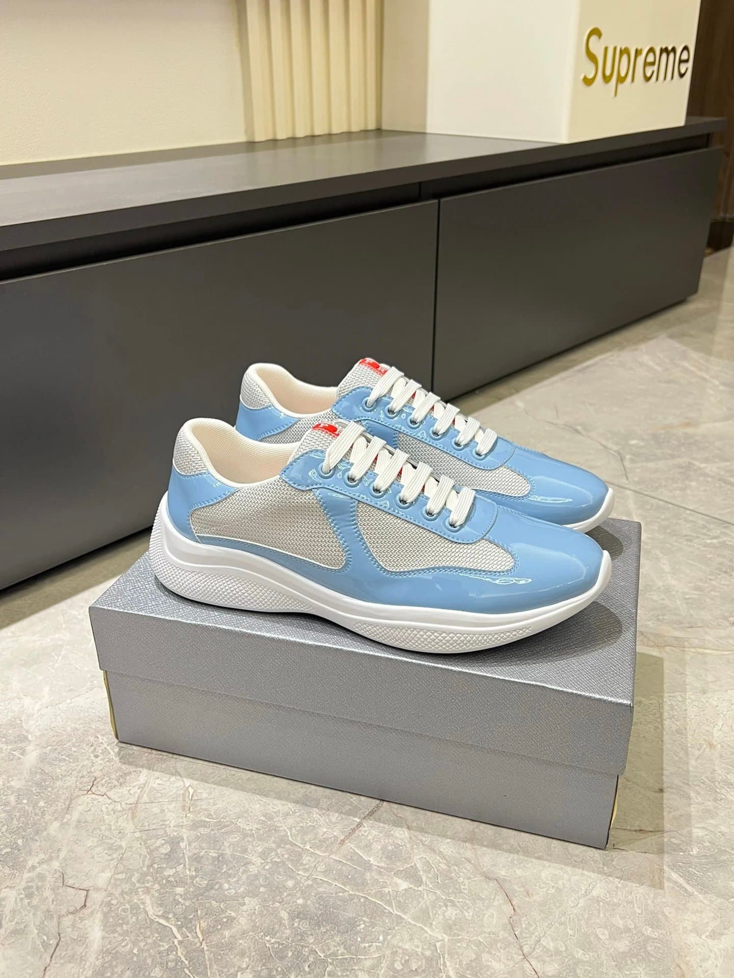 Prada × Supreme Linea Rossa Sneaker Light Blue Patent & Mesh
