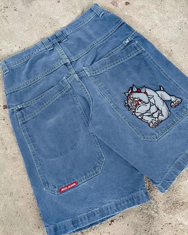 Denim Shorts Embroidered Bear — D13 blue