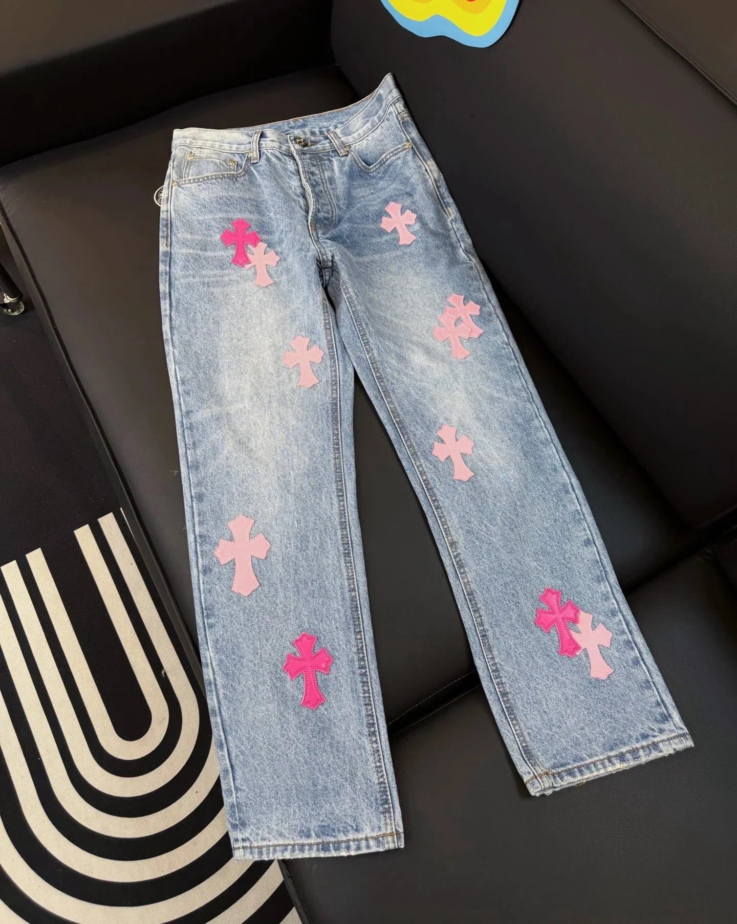 Chrome Hearts Cross Patch Jeans Light Wash with Pink Crosses