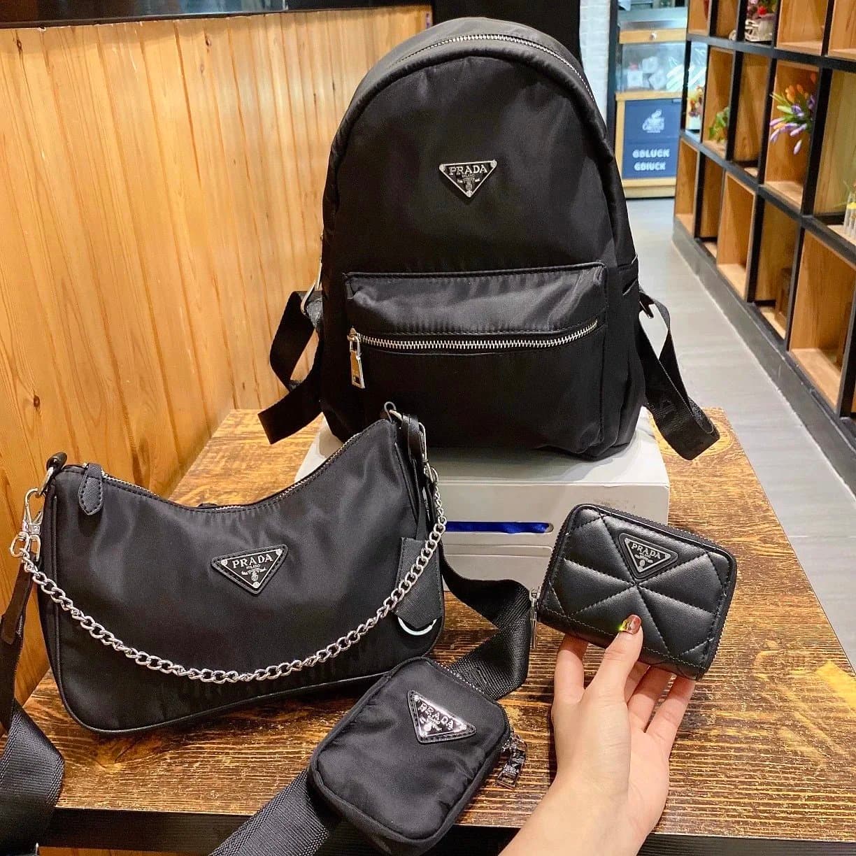 Prada Quilted Nylon Bag Set Triple Black — 38