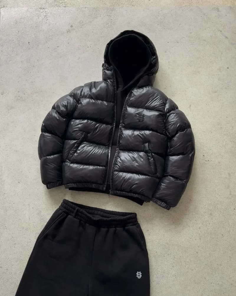 Fear of God Essentials Puffer Jacket & Sweatpants Set Marbled Grey — 黑色logo棉服