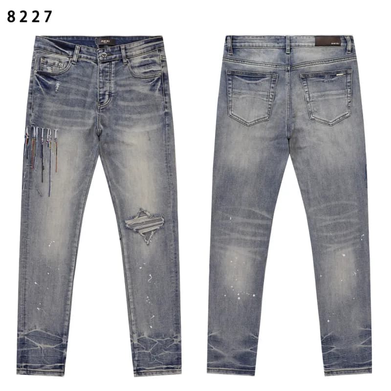 Amiri Distressed Slim Fit Jeans Paint-Splatter & Tassel Detail