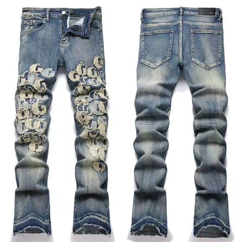 Distressed Denim Jeans Logo Patchwork
