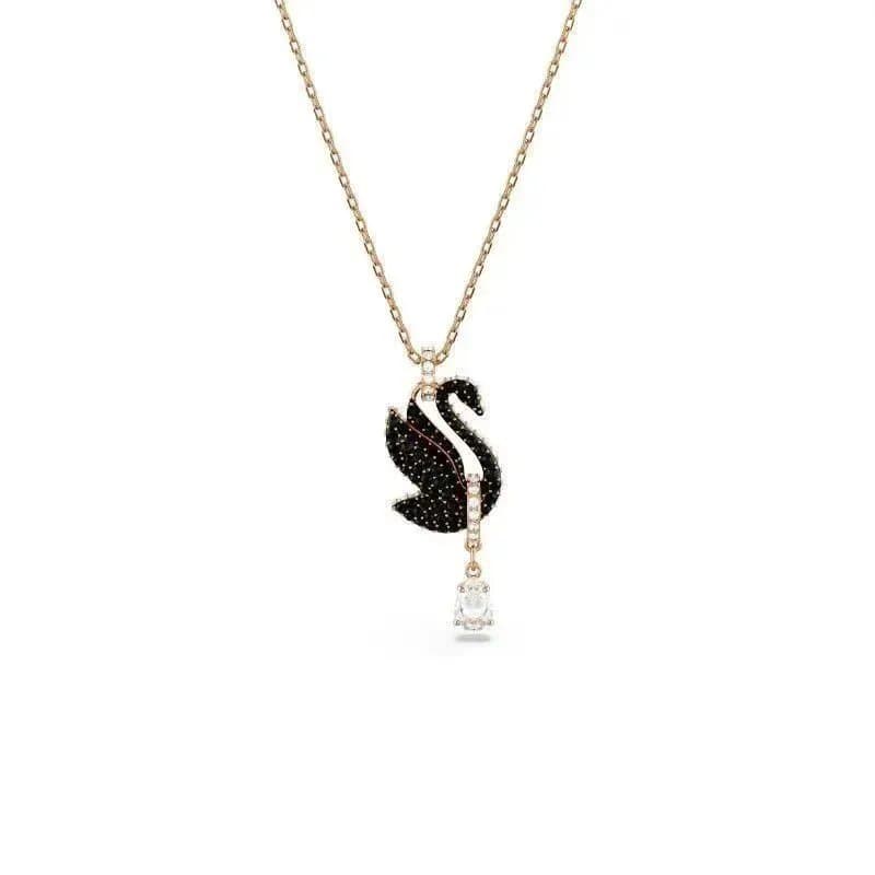 Swarovski Swan Pendant Black Crystal with Clear Drop