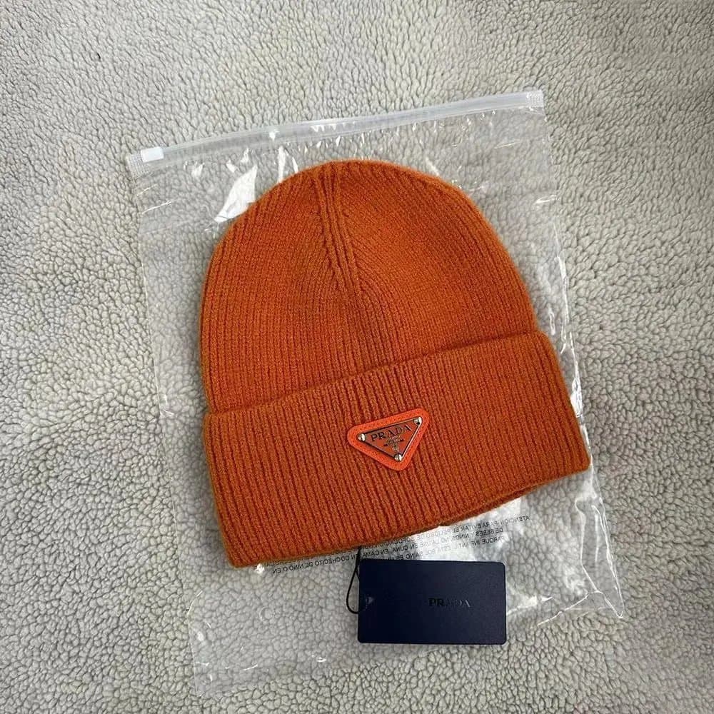 Prada Ribbed Beanie Metallic Triangle Logo — B22