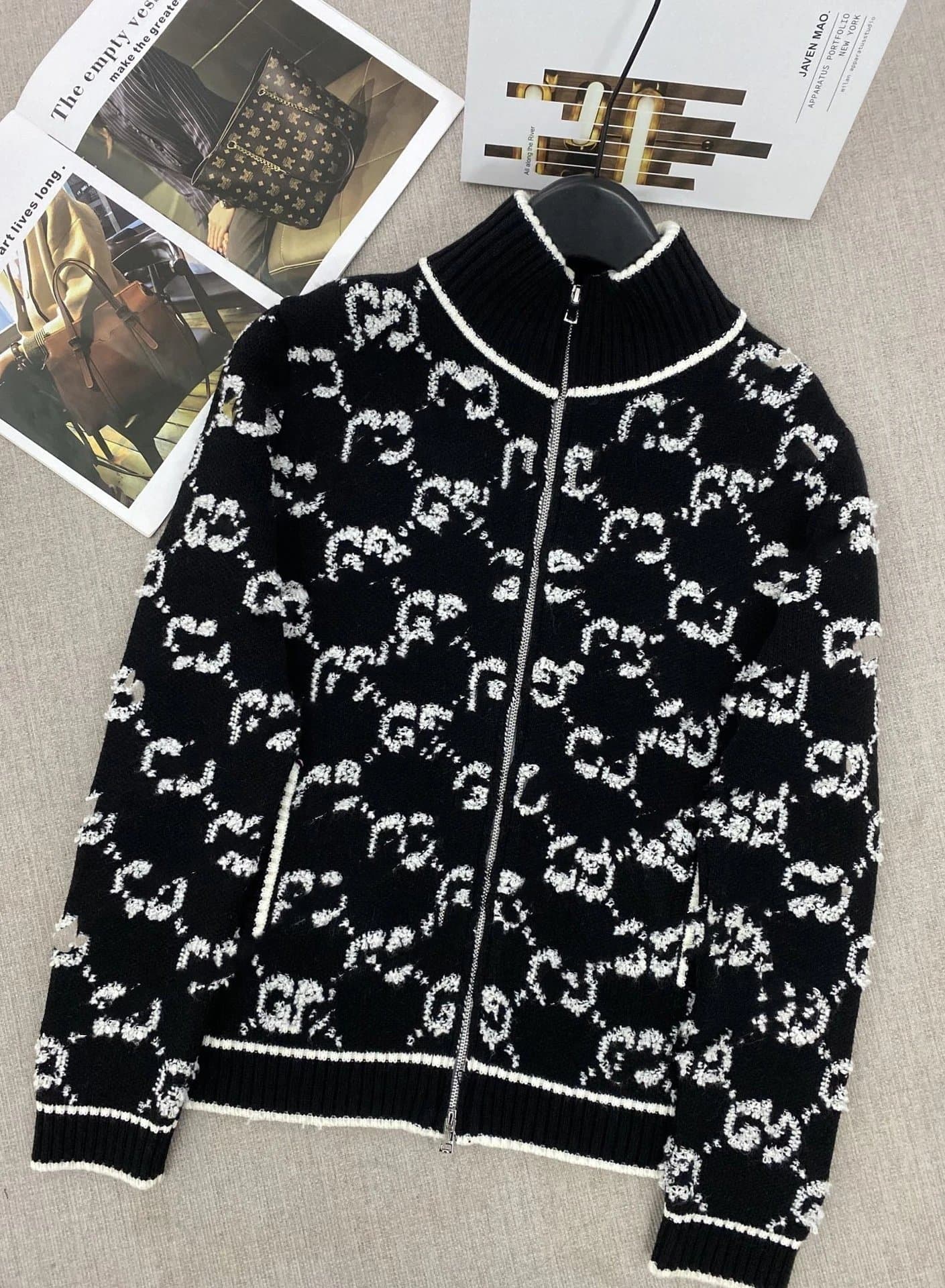 Gucci GG Knit Zip-Up Sweater Monogram Intarsia