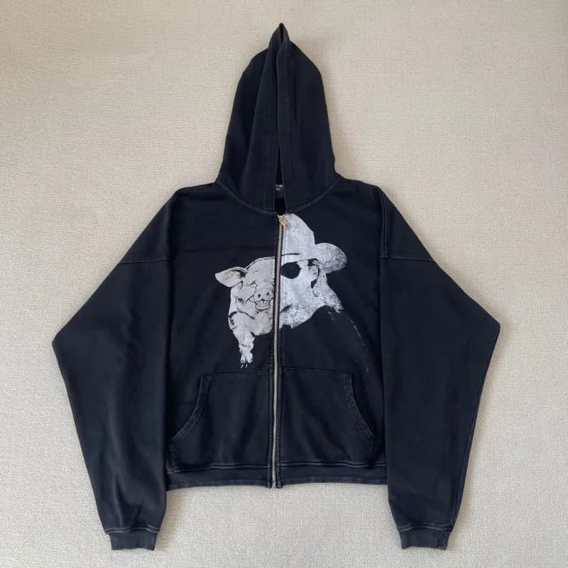 Travis Scott Zip-Up Hoodie Pig & Cowboy Graphic